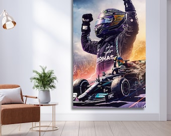 Lewis Hamilton F1 Canvas Wall Art, Hamilton Mercedes Car Race Win F1 Formula 1 Formula One Canvas Poster Print Wall Art Father's day gift