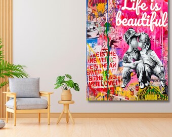 CANVAS WALL DESIGN Banksy Life Is Short, Banksy Canvas, Banksy Two Boys, Street Art Print, Graffiti Painting, Urban Art Father's day gift
