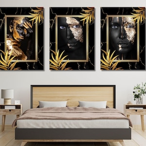 Lot de 3 oeuvres d'art murales africaines en toile dorées pour femme, ensemble mural femme, très grande oeuvre d'art mural, art mural afro-américain art de salon cadeau de Noël