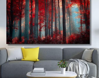 Red Leaves Forest Canvas Wall Art,Landscape Canvas Print Art,Natural Forest Design Red Tree Park Print,Modern Wall Art Father's day gift