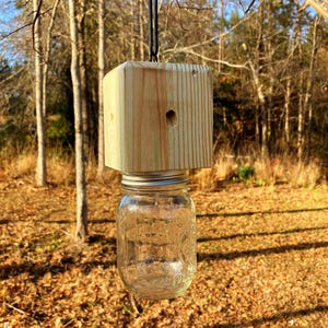 May include: A hanging bird feeder made from a clear glass jar and a wooden block. The wooden block is rectangular and has a hole drilled through it. The jar is attached to the block with a metal lid. A black cord is used to hang the feeder.