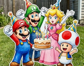 May include: A colorful yard sign featuring Mario, Luigi, Princess Peach, and Toad, all wearing party hats. They are gathered around a birthday cake with lit candles. The characters are from the Super Mario video game series.