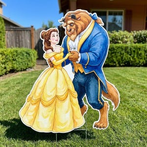Belle och Odjuret trädgårdsskylt, Skönheten och Odjuret födelsedagsdekorationer, Prinsessfest utklippsbild, Belle födelsedagsfestdekor, utomhus gräsmatta skylt