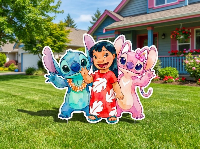 May include: Cutout yard decorations featuring the characters Stitch, Lilo, and Angel from the animated film Lilo & Stitch. The figures are standing on a green lawn in front of a house. Stitch is blue, Lilo is wearing a red dress, and Angel is pink.