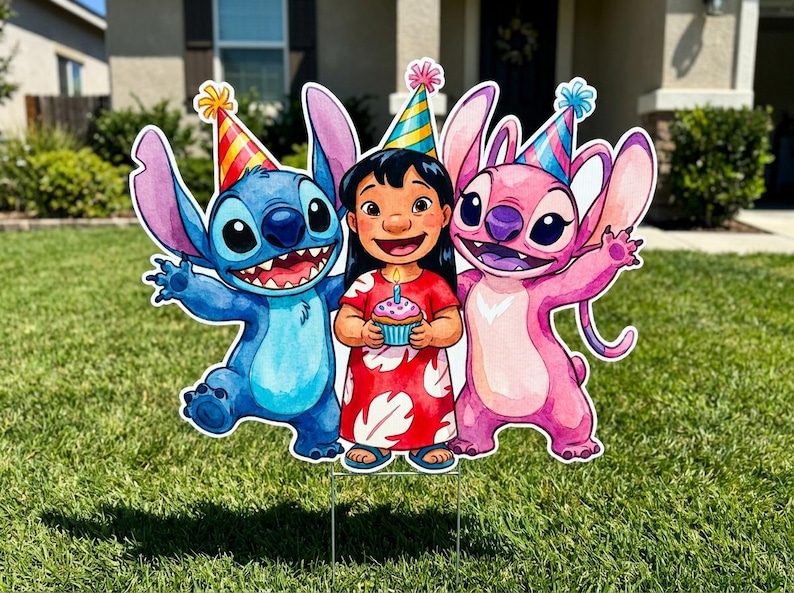 May include: A colorful yard decoration featuring Lilo and Stitch characters, along with Angel, all wearing party hats. Lilo holds a cupcake with a lit candle. The figures are set on metal stakes for easy placement in a yard or garden.