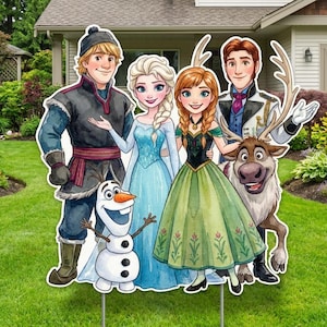 May include: A colorful yard decoration featuring characters from the animated film "Frozen." The cutouts include Anna, Elsa, Kristoff, Hans, Olaf, and Sven. The characters are depicted in their signature outfits, with vibrant colors and detailed designs.