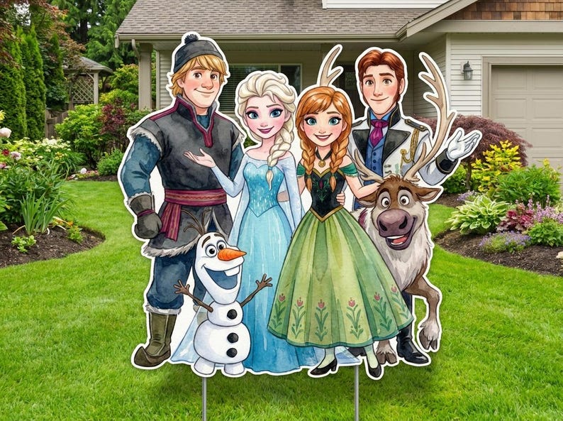 May include: A colorful yard decoration featuring characters from the animated film "Frozen." The cutouts include Anna, Elsa, Kristoff, Hans, Olaf, and Sven. The characters are depicted in their signature outfits, with vibrant colors and detailed designs.