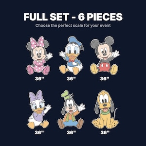 Puede incluir: Un conjunto de seis recortes de personajes de dibujos animados, cada uno de 91 cm de altura, que incluyen a Minnie Mouse, el Pato Donald, Mickey Mouse, Daisy Duck, Goofy y Pluto. El texto "FULL SET - 6 PIECES" est&aacute; en la parte superior.
