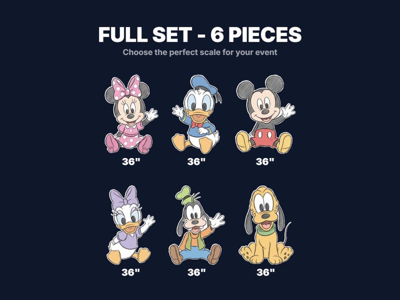 Puede incluir: Un conjunto de seis recortes de personajes de dibujos animados, cada uno de 91 cm de altura, que incluyen a Minnie Mouse, el Pato Donald, Mickey Mouse, Daisy Duck, Goofy y Pluto. El texto "FULL SET - 6 PIECES" est&aacute; en la parte superior.