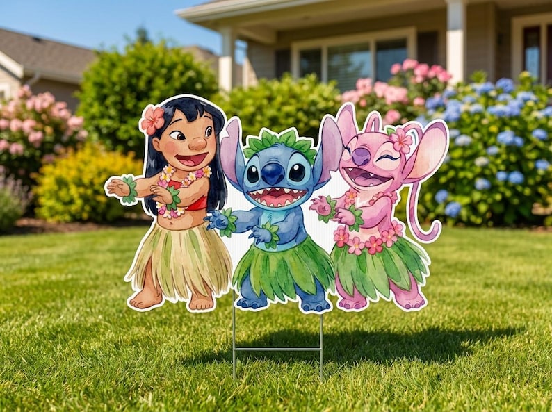 May include: Three colorful yard signs featuring Lilo, Stitch, and Angel from the animated film. Each character is depicted in a hula skirt and lei, with a tropical flower in their hair. The signs are placed in a grassy yard.