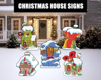 May include: A collection of whimsical Christmas house signs, each with a unique design and covered in snow. The signs are in various colors, including green, red, and blue, and feature festive details like gift boxes and wreaths. The text "CHRISTMAS HOUSE SIGNS" is displayed at the top.