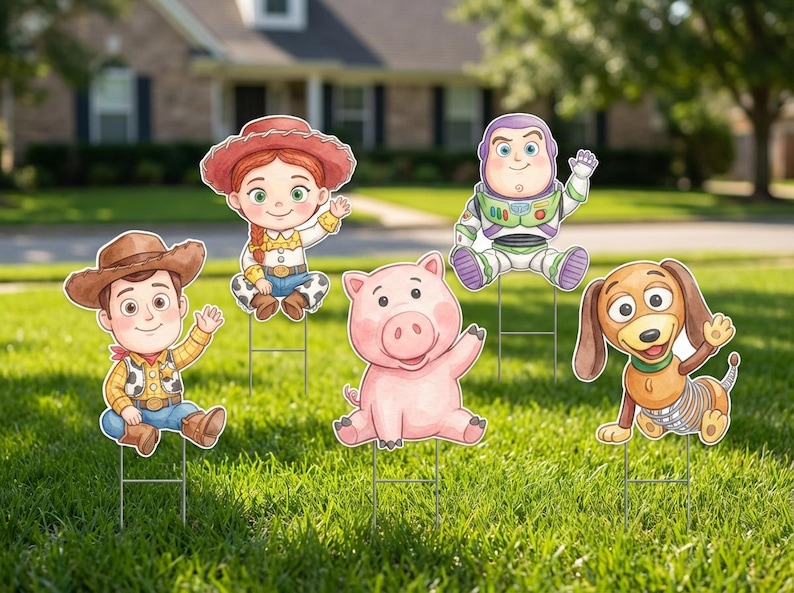 May include: A set of five colorful yard signs featuring characters from the animated film Toy Story. The characters include Woody, Jessie, Buzz Lightyear, Hamm the Pig, and Slinky Dog, all waving. They are placed in a grassy yard.