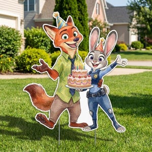 May include: Cutout figures of Nick Wilde the fox and Judy Hopps the rabbit from Zootopia, holding a birthday cake. Nick wears a green shirt, tie, and brown pants. Judy is in a police uniform. The cake has candles.