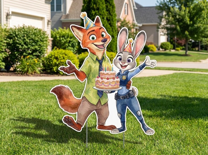 May include: Cutout figures of Nick Wilde the fox and Judy Hopps the rabbit from Zootopia, holding a birthday cake. Nick wears a green shirt, tie, and brown pants. Judy is in a police uniform. The cake has candles.