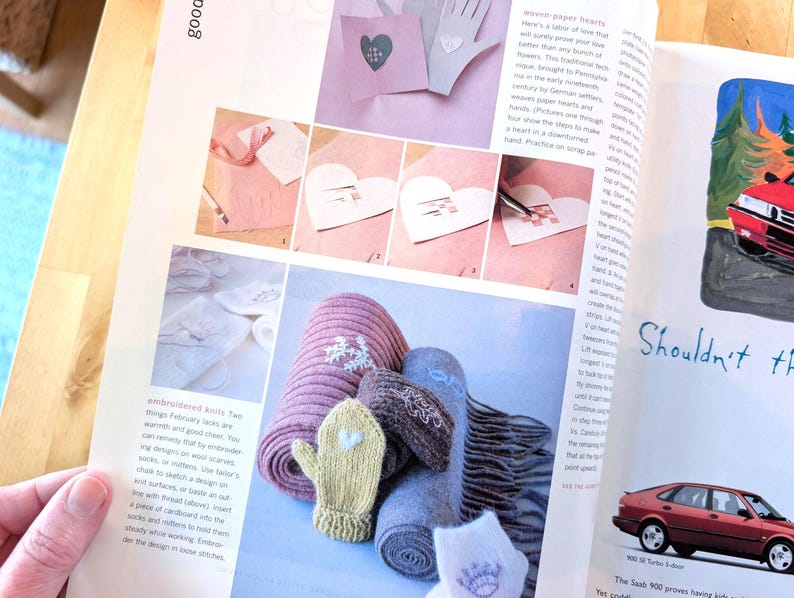 May include: A magazine page featuring various craft projects. The page includes images of knitted items, including a pink scarf with a snowflake design, a yellow mitten, and rolled-up socks. There are also paper hearts and hand-shaped cutouts.