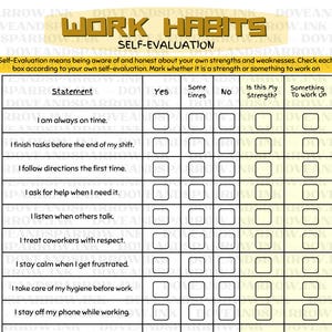 May include: A self-evaluation worksheet titled "Work Habits" with a yellow and white design. The worksheet includes statements about work habits with columns for "Yes," "Sometimes," "No," "Is this My Strength?" and "Something To work on."