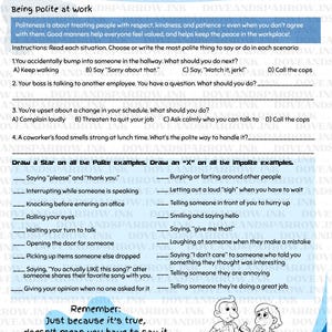 以下が含まれることがあります： 「コミュニケーション：礼儀正しさと社会的なエチケット」というタイトルのワークシート。職場での行動に関するテキストとシナリオが含まれています。イラストと「Always be kind.」のテキストが含まれています。