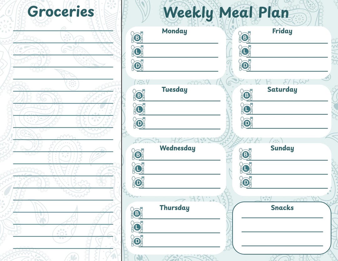 Weekly Meal Planner - Digital Download PDF 5-color - Paisley - Etsy