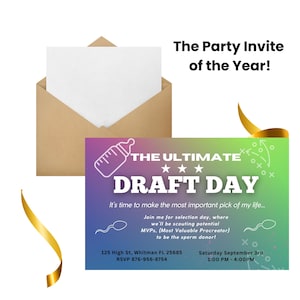 Op de afbeelding: Een uitnodiging voor een feestje met een gradiënt achtergrond van paars, groen en blauw. De tekst luidt "The Ultimate Draft Day" met een babyflesje. Bevat evenementdetails en een bruine envelop.