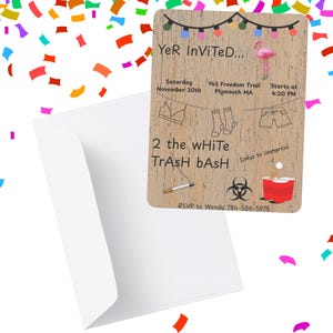 May include: A party invitation card with a wooden texture, featuring the text "YeR InViTeD..." and event details. The card includes illustrations of clothing items and a red cup. A white envelope is next to the card.