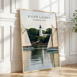 Ralph Lauren Coastal Lighthouse Art Print, Summer Sailboat Wall Decor (Digital Download)