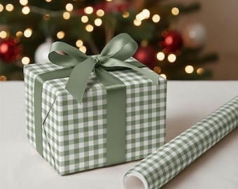 Sage Green Gingham Wrapping Paper | Cottage Core Plaid Gift Wrap | Christmas Holiday