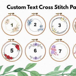 May include: Eight cross-stitch patterns in embroidery hoops, each with a floral design and a number from one to eight. The text "Custom Text Cross Stitch Pattern" is at the top. The hoops are arranged in two rows of four.