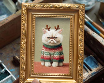 Small Grumpy Cat Oil Painting, Original Hand Painted Artwork, Custom Kitty Portrait, Home Wall Art Decor, Christmas Gift for Pet Lover