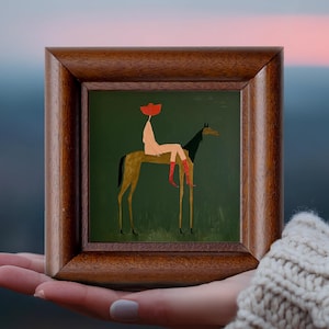 May include: A square wooden frame containing a painting of a figure with a red hat and red boots sitting on a brown horse against a dark green background. The figure has a light peach-coloured torso and legs, while the horse is brown with black.