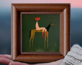 Original Red Hat Rider Oil Painting, Small Figurative Wall Art, Boho Abstract Folk Art, Western Decor Gift