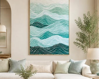 Turquoise Abstract Hills Oil Painting, Original Wave Line Landscape, Large Wall Art