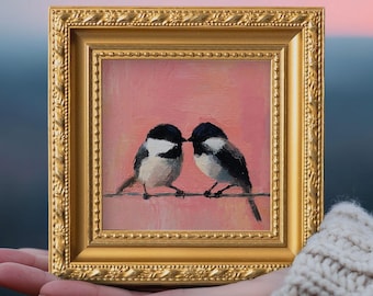 Small Chickadee Pair Oil Painting, Original Hand Painted Artwork, Colorful Bird Wall Art Decor, Valentine Gift for Couples & Anniversaries