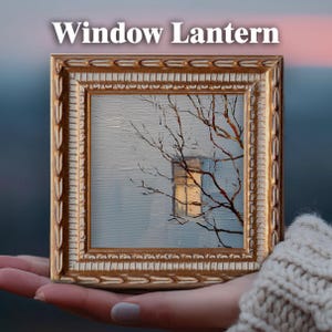 May include: A small framed painting with the text "Window Lantern". The artwork depicts a window with a warm glow, framed by bare tree branches against a pale blue background. The frame is ornate, with a gold and cream color.