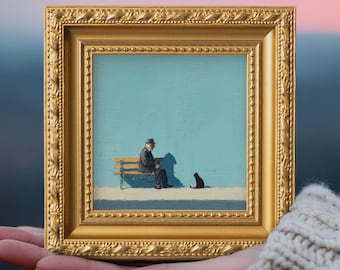 Small Man & Cat Oil Painting, Original Hand Painted Figure, Vintage Wall Art Decor, Christmas Gift For Friends,  5x5 Gold Frame