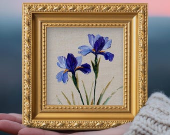 Blue Iris Duo Original Oil Painting, Mini Framed Wall Art, Hand Painted Canvas, Botanical Decor