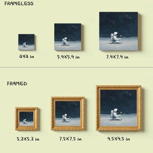 May include: Various sizes of framed and frameless art prints. The artwork depicts an astronaut seated on a lunar surface, holding a yellow flower. The prints range from 4x4 inches to 9.5x9.5 inches, with gold-framed options available.
