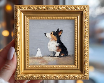 Corgi & Ghost Original Oil Painting, Small Pet Wall Art, Hand Painted Pet Art, Custom Pet Portrait, Halloween Decor, Gift for Dog Lovers