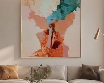Abstract Woman Oil Painting, Original Introspective Textured Figure Art, Teal Coral Large Canvas Art