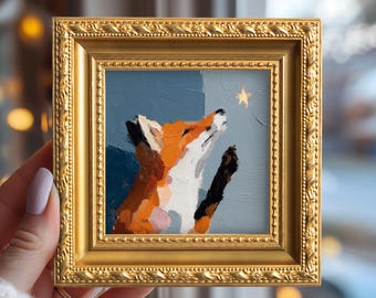 Fox & Star Original Oil Painting, Small Framed Wall Art, Hand Painted Canvas, Bedroom Wall Decor, Animal Art, Gift for Nature Lover