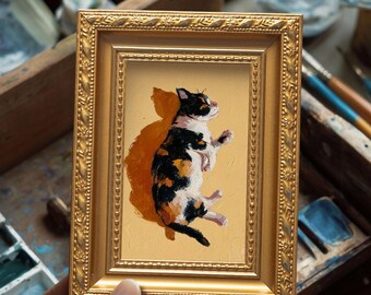 Small Calico Cat Resting Oil Painting, Original Hand Painted Animal Artwork, Commission Portrait, Home Wall Art, Birthday Gift for Pet Lover