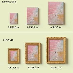 May include: A collection of framed and frameless abstract art prints. The artwork features a pink and white textured background with small figures. Frameless prints are 3.2x4.8 in, 4.8x7.1 in, and 6.3x9.5 in. Framed prints are 4.8x6.3 in, 6.4x8.7 in, and 8.1x11 in.