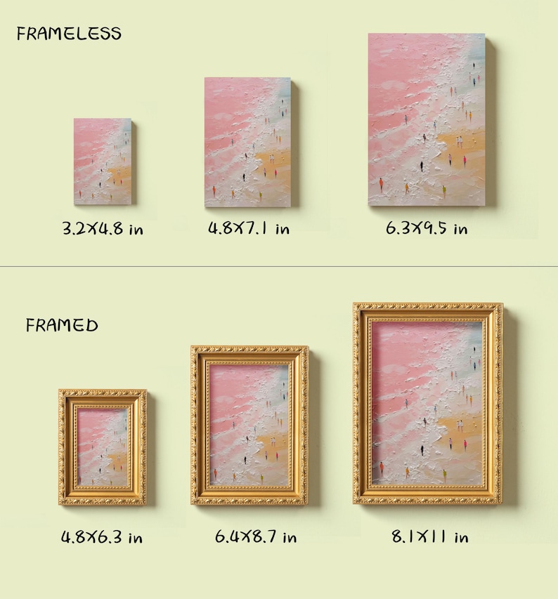 May include: A collection of framed and frameless abstract art prints. The artwork features a pink and white textured background with small figures. Frameless prints are 3.2x4.8 in, 4.8x7.1 in, and 6.3x9.5 in. Framed prints are 4.8x6.3 in, 6.4x8.7 in, and 8.1x11 in.