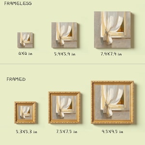 May include: A collection of square wall art pieces, both framed and frameless, featuring a painting of a window with a flowing white curtain. Sizes range from 4x4 inches to 9.5x9.5 inches. The framed pieces have gold-colored frames.