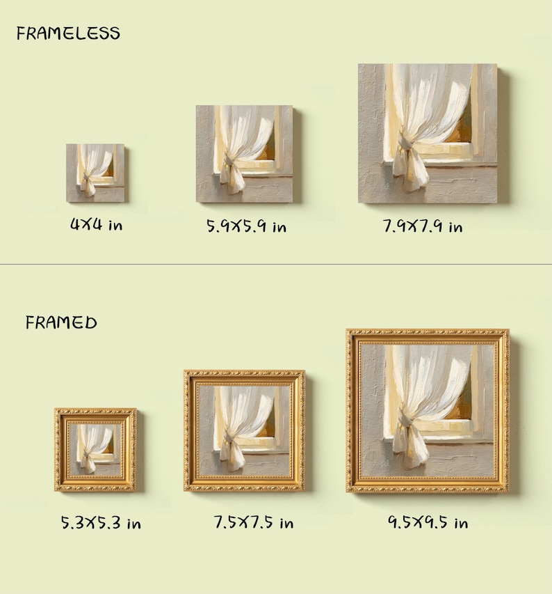 May include: A collection of square wall art pieces, both framed and frameless, featuring a painting of a window with a flowing white curtain. Sizes range from 4x4 inches to 9.5x9.5 inches. The framed pieces have gold-colored frames.