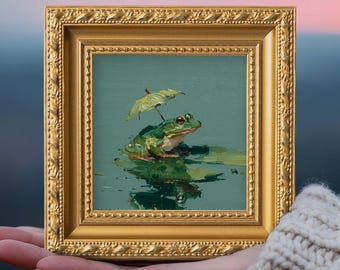 Small Frog Oil Painting, Original Hand Painted Animal, Whimsical Artwork, Nature Wall Art Decor, Christmas Gift For Friends,  5x5 Gold Frame