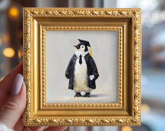 Small Graduation Penguin Oil Painting, Original Hand Painted Animal, Whimsical Artwork, Study Room Wall Art, Gift For Student