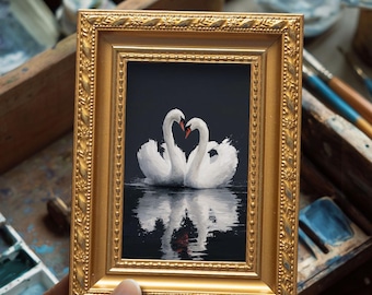 100% Original Hand Painted Swans, Small Oil Painting, Elegant Animal Wall Art Decor, Ideal Gift for Couples & Anniversaries, Swan Love Pair