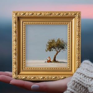 Pintura al óleo de un pequeño zorro lector, animal salvaje original pintado a mano, mini paisaje, decoración de pared para el hogar, regalo de Navidad.