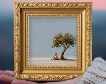 Small Reading Fox Oil Painting, Original Hand Painted Wild Animal, Mini Landscape Artwork, Home Wall Art Decor,  Christmas Gift