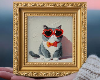 Small Sunglasses Cat Oil Painting, Original Hand Painted Art, Cute Kitty Wall Decor, Custom Portrait, Valentine Gift for Pet Lover